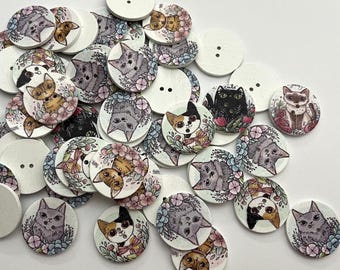 Garden Cat Wood Buttons (BTN-30) - pack of 2 - contains a random assortment of various colors and patterns
