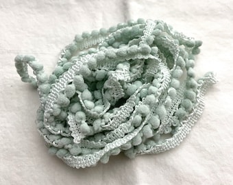 Mini Pom Pom Trim (Beach Glass) by Vintage NeedleArts hand-dyed 2 continuous yards soft muted mint green seafoam