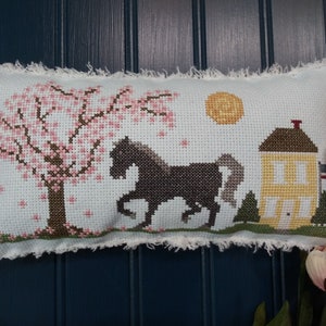 PDF Big Black Horse and a Cherry Tree cross stitch design pattern chart Vintage NeedleArts cherry blossom farm whimsical country