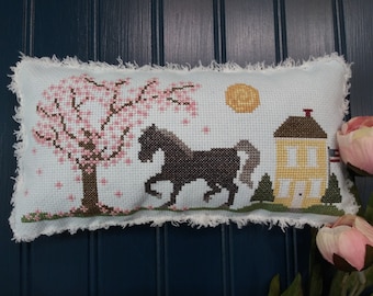PDF Big Black Horse and a Cherry Tree cross stitch design pattern chart Vintage NeedleArts cherry blossom farm whimsical country