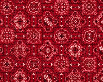 PER YARD ~ Red Bandana Cotton Calico Fabric ~ quilter's cotton white and black bandana pattern on a red background