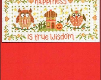 PAPER CHART - Owl Wisdom by Imaginating cross stitch chart pattern whimsical sampler flowers owls autumn cottage Happiness is true wisdom