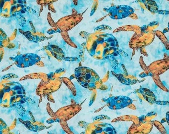 PER YARD ~ Sea Turtles Cotton Calico Fabric ~ quilter's cotton ocean turquoise water coastal
