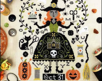 PAPER CHART - The Stitch Witch by Tiny Modernist cross stitch chart design Halloween October 31st pumpkin