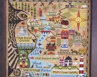 PAPER CHART - Map of Hawk Run Hollow by Carraige House Samplings - cross stitch chart design primitive  colonial owl town