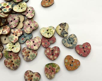 Wooden Boho Small Heart Buttons (6 per package) - each package contains a random assortment of various colors and patterns