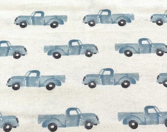 SHORT CUT ~ Blue Trucks on White Cotton Flannel Fabric ~ 100% cotton - 14x43 inches