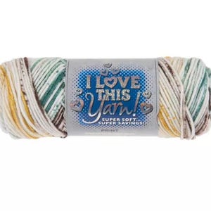 May include: A skein of multi-colored yarn with a label that reads "I Love This Yarn!". The yarn is a blend of white, yellow, green, and brown. The label also states "Super Soft! Super Savings!"