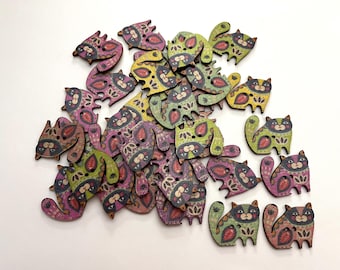 Boho Fluffy Cat Wood Buttons (BTN-36) - pack of 4 - contains a random assortment of various colors and patterns