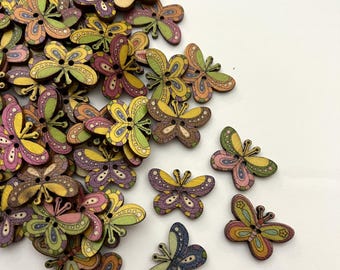 Wooden Boho Butterfly Buttons (6 per package) - each package contains a random assortment of various colors and patterns