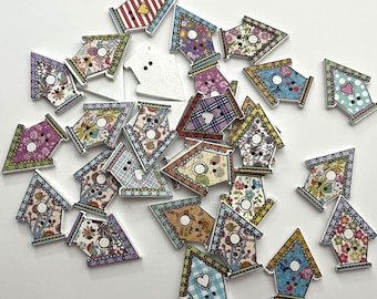 Whimsical Birdhouse Wood Buttons (BTN-26) - pack of 4 - contains a random assortment of various colors and patterns
