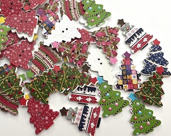 Christmas Tree Wood Buttons (BTN-27) - pack of 4 - contains a random assortment of various colors and patterns