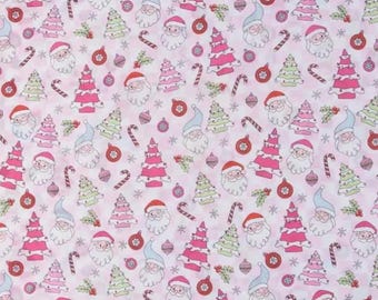 PER YARD ~ Retro Checkerboard Santa Claus Cotton Calico Fabric ~ quilter's cotton whimsical Santa Claus and Christmas Trees pink white