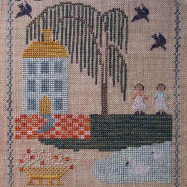 Blue House Sampler by Dames of the Needle/Finger Work cross stitch design chart pattern primitive sampler colonial farm willow tree