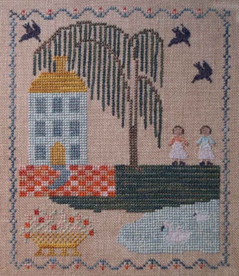 CLEARANCE Blue House Sampler by Dames of the Needle/finger Work Cross