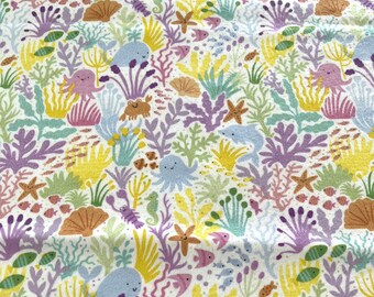 PER YARD ~ Baby Sea Life Flannel Fabric ~ 100% cotton - brushed for softness sea creatures on white background ocean under the sea