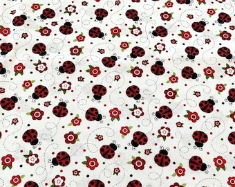 HALF YARD ~ Laurie Cambel Fabric Traditions Ladybugs and Red Flowers ~ 100% cotton sewing quilting fabric