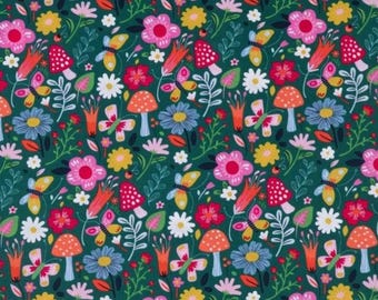 PER YARD ~ Mushroom Floral Cotton Calico Fabric ~ bright multicolored flowers and mushrooms on a green background