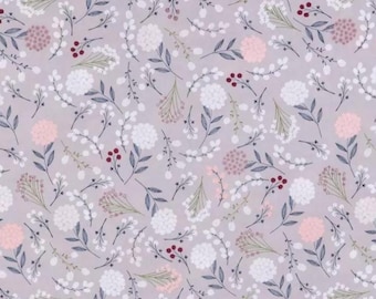 PER YARD ~ Berry Leaves Cotton Calico Fabric ~ quilter's cotton gray background with white flowers and red and pink berries