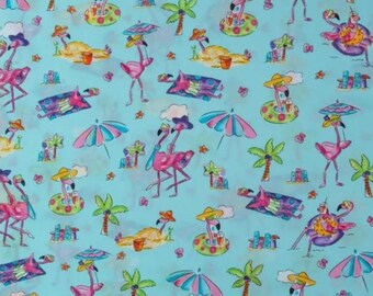 Flamingos on the Beach Fabric from Robert Kaufman ~ 100% cotton for sewing/quilting