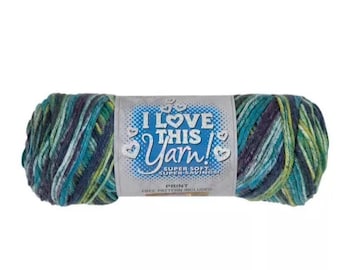 DISCONTINUED COLOR I Love This Yarn Print (Peacock Tails) ~ super soft machine washable 100% acrylic
