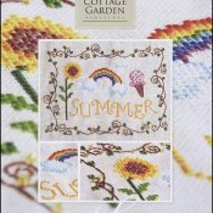 PAPIERKAART - Summer by Cottage Garden Steekproeven kruissteekkaart ontwerp primitief bloemen zonnebloemen regenboogijs