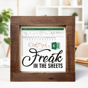 Può includere: Un cartello con cornice in legno con la scritta "Freak in the Sheets" in corsivo nero. Il cartello mostra un foglio di calcolo con grafici e il logo di Microsoft Excel. La cornice è di colore marrone scuro.