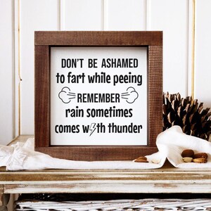 May include: A framed sign with a white background and humorous text in black. The text reads "DON'T BE ASHAMED to fart while peeing. REMEMBER rain sometimes comes w/ thunder." The frame is a dark brown colour.