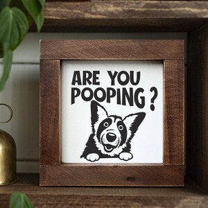 May include: A framed sign with the text "ARE YOU POOPING?" above a black and white cartoon dog illustration. The sign is set in a dark brown wooden frame.