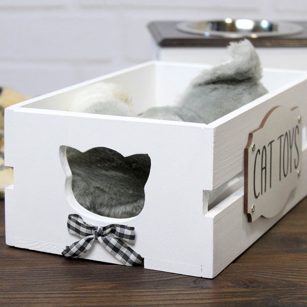 Cat Toy Box Personalized size XS, Cat Toy Storage, Cat Furniture, Wooden Box 6x10", Toy Basket, Cat lady gift Cats Lover