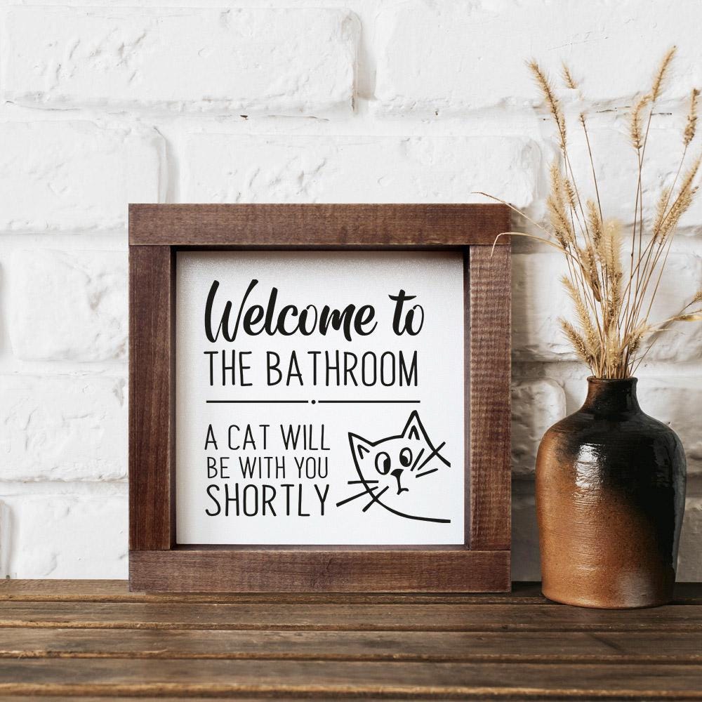 Lustiges Katzenschild Für Badezimmer - Welcome To The Bathroom Holzwanddekoration