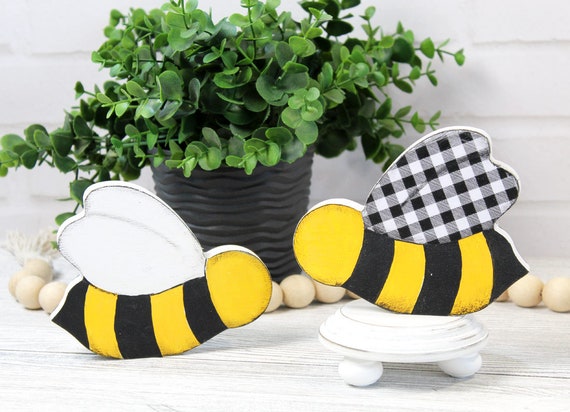 Bee Tiered Tray Decor with Wooden Fake Honey Hive Dippers Bumble Bee Gifts  for Women Decorations for Spring Summer Farmhouse Home Kitchen Shelf Rustic