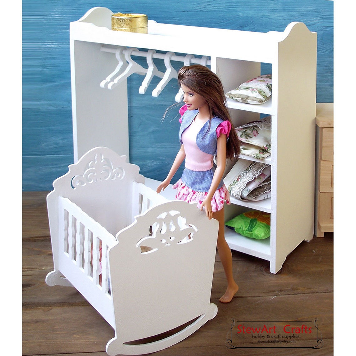 BABESIDE 3 Pcs Baby Doll Crib Set Wooden Baby Doll Cradle For