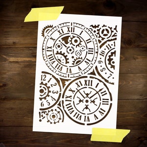 Puede incluir: Plantilla blanca con un diseño de esferas de reloj y engranajes superpuestos. Las esferas de reloj tienen números romanos y los engranajes tienen detalles intrincados.