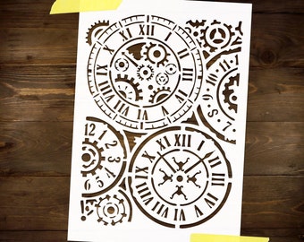 May include: White stencil with a design of overlapping clock faces and gears. The clock faces have Roman numerals and the gears have intricate details.