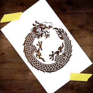 Stencil Drago che si morde la coda Stencil riutilizzabile fai da te in Mylar per dipingere Simbolo di Uroboro dell'eternità Decorazione orientale per la casa Stencil da parete