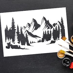 Mountains Stencil - DIY Reusable Painting Stencil for Walls - Wild Nature Stencil for Scrapbooking Handmade Decor - Pine Trees Stencil