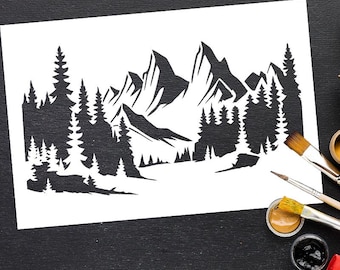 Pochoir montagnes - pochoir de peinture réutilisable bricolage pour murs - pochoir nature sauvage pour scrapbooking décoration fait main - pochoir pins