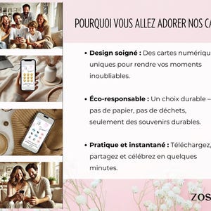 May include: A promotional image with the text "POURQUOI VOUS ALLEZ ADORER NOS CARTES" and bullet points describing digital cards. The image includes photos of people using smartphones. The brand name "zoschie" is at the bottom.