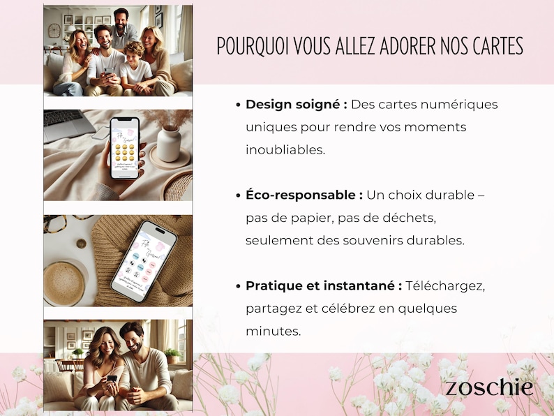 May include: A promotional image with the text "POURQUOI VOUS ALLEZ ADORER NOS CARTES" and bullet points describing digital cards. The image includes photos of people using smartphones. The brand name "zoschie" is at the bottom.