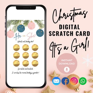 Könnte beinhalten: Eine digitale Weihnachtskratzkarte, die auf einem Smartphone-Bildschirm angezeigt wird. Die Karte zeigt goldene Rubbelkreise, dekorative Ornamente und den Text "He or She?" und "It's a Girl!". Das Design hat ein rosa-goldenes Farbschema.