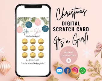 Christmas Girl Gender Reveal Scratch Off Card, Digital Girl or Boy Scratch Card Game, Gender Video, Digital Announcement, Having a Girl