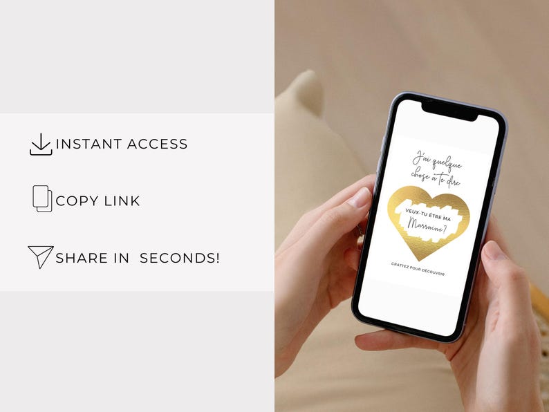 May include: A gold heart-shaped card with the text "J'ai quelque chose &agrave; te dire" and "veux-tu &ecirc;tre ma Marraine?" on a white background. The card is being held by a person's hand.