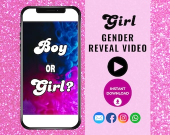 Girl Gender Reveal Video,  It's A Girl, Instant Download,  Digital Gender Announcement Video, Baby Gender Announcement, Boy or Girl, Pink