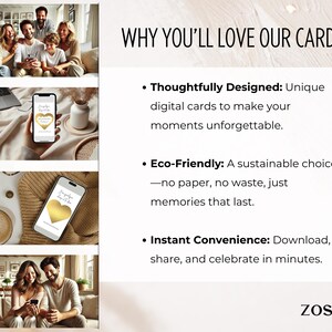 May include: A collage of images showcasing the benefits of digital greeting cards. The text reads "WHY YOU'LL LOVE OUR CARDS" and lists three reasons: Thoughtfully Designed, Eco-Friendly, and Instant Convenience.