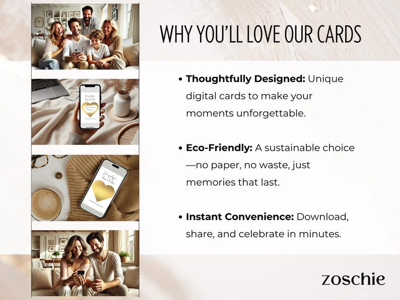 May include: A collage of images showcasing the benefits of digital greeting cards. The text reads "WHY YOU'LL LOVE OUR CARDS" and lists three reasons: Thoughtfully Designed, Eco-Friendly, and Instant Convenience.
