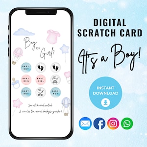 Tarjeta rasca y gana para revelar el género de un niño, juego digital de tarjetas rasca y gana para niño o niña, idea para revelar el género, anuncio digital de género, tener un niño