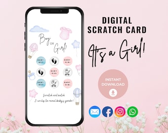 Tarjeta rasca y gana para revelar el género, Juego de tarjetas rasca y gana digital para niña, Idea para revelar el género, Anuncio digital de género, Es niña, ¿Vas a tener una niña?