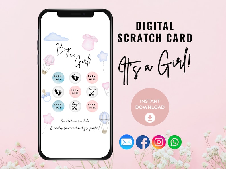 Gender Reveal Scratch Card, Digital Girl Scratch Card Game, Gender Reveal Idea, Digital Gender Announcement, Its a Girl, Having a Girl image 1