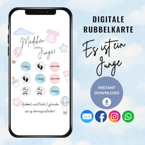 May include: A smartphone screen shows a digital scratch card with the text "Es ist ein Junge" and "Digital Rubbelkarte". The design includes baby-themed icons and pastel illustrations, with social media icons at the bottom.